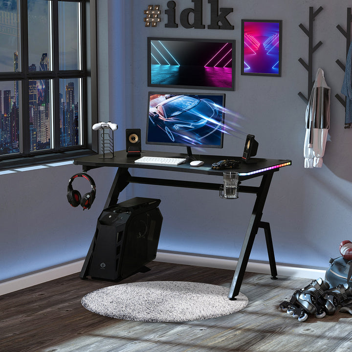 Gaming Desk Racing Style Home Office Ergonomic Computer Table Workstation with RGB LED Lights,  Black