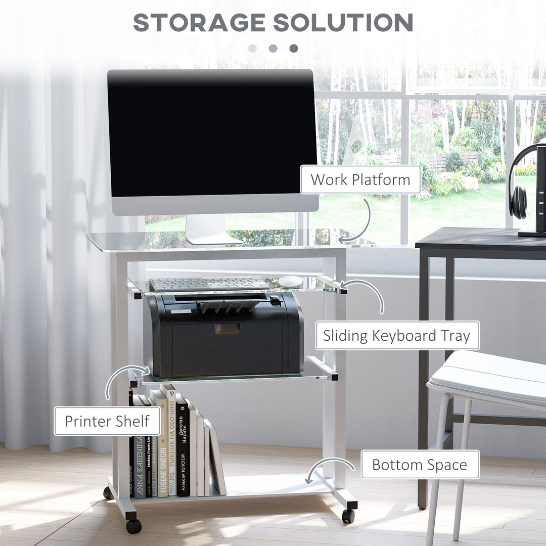 Computer Desk Glass Table Workstation Laptop pc desk mobile  with wheels White