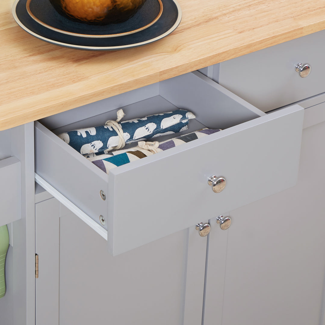 Rolling Kitchen Island on Wheels, Utility Serving Cart with Rubber Wood Top, Towel Rack, Hooks and Storage Drawers, Grey