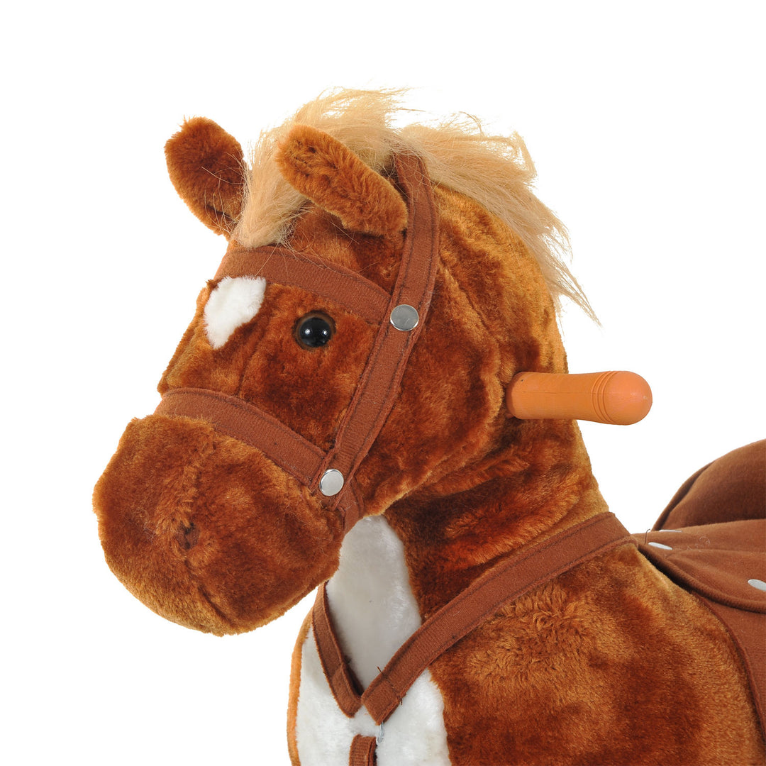 Rocking Horse Plush Kids Ride on Gift Wooden Action Pony Wheeled Walking Riding Little Baby Toy W/Sound-Brown