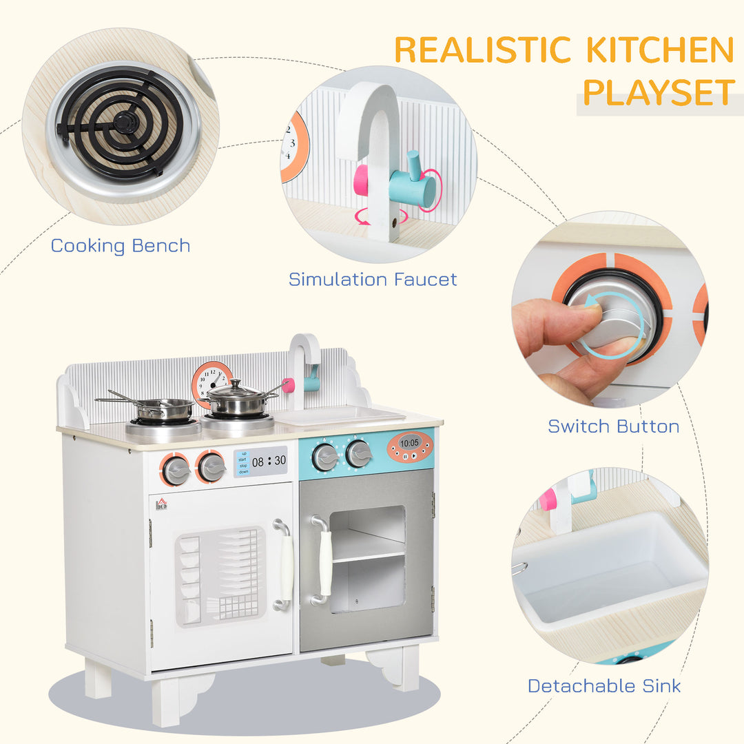 Two Kids Wooden Toy Kitchen Play Cooking Set Pretend Role Playset, with  Sink, Telephone, Storage Basket, for 3-6 Years Old