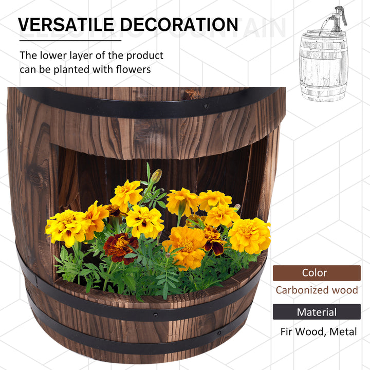 Wood Barrel Patio Water Fountain Electric Pump Garden Decorative Ornament with Flower Planter Decor