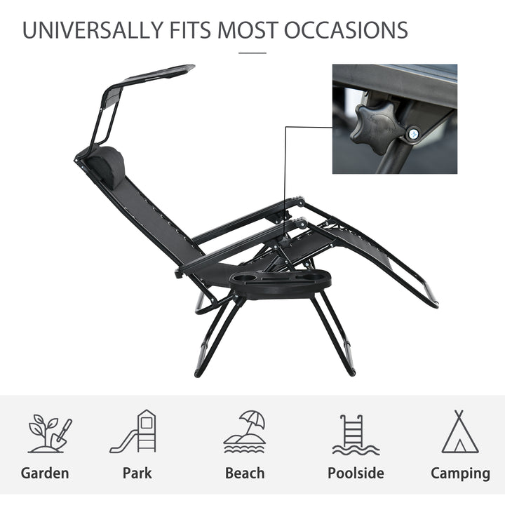 Outsunny Zero Gravity Garden Deck Folding Chair Patio Sun Lounger Reclining Seat with Cup Holder & Canopy Shade - Black