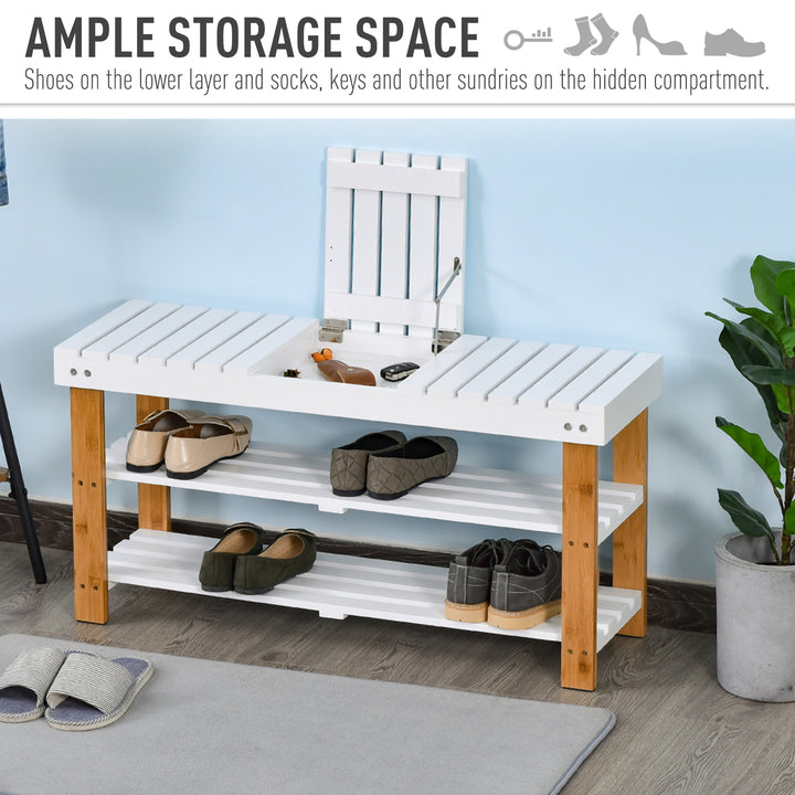 Shoe Bench, 3-Tier Wooden Shoe Rack with Hidden Storage Compartment, Slatted Shelves, Home Storage Unit, Natural, 90L x 29W x45H cm