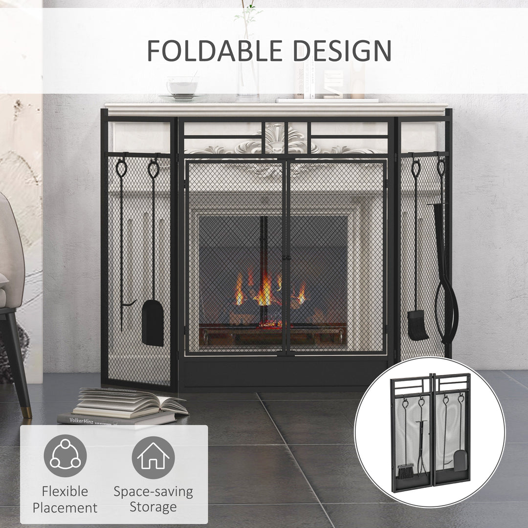 HOMCOM 3 Panel Folding Fire Guard, Steel Fireplace Screen with Double Door and Mesh Design for Open Fire, 122W x 80H cm, Black