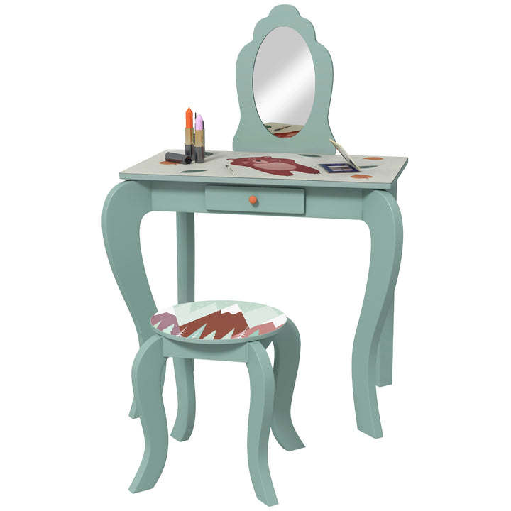 Kids Dressing Table with Mirror and Stool, Girls Vanity Table Makeup Desk with Drawer for 3-6 Years - Green