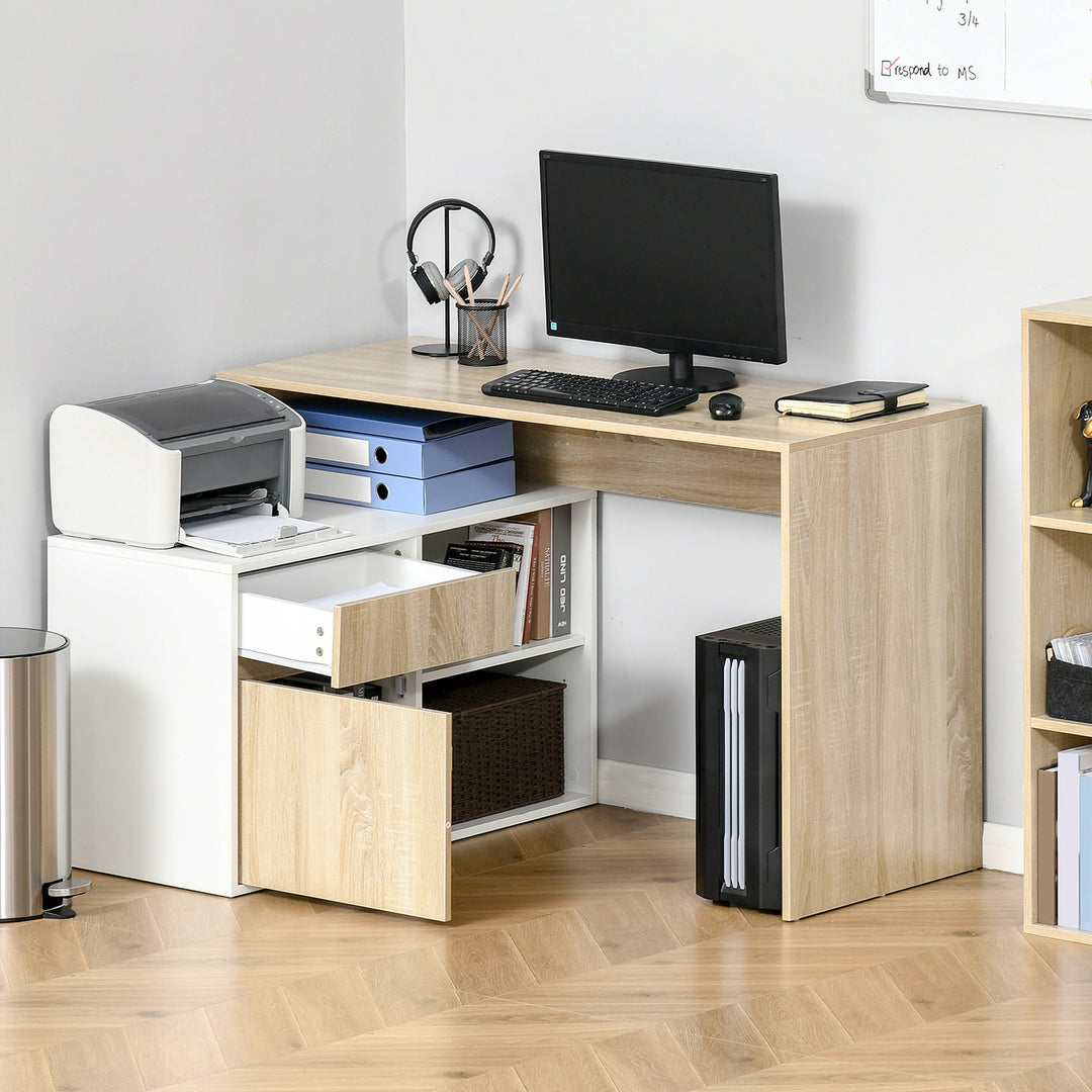 Corner Computer Desk L Shaped Desks Study Table PC Work w/ Storage Shelf Drawer Office, Oak and White