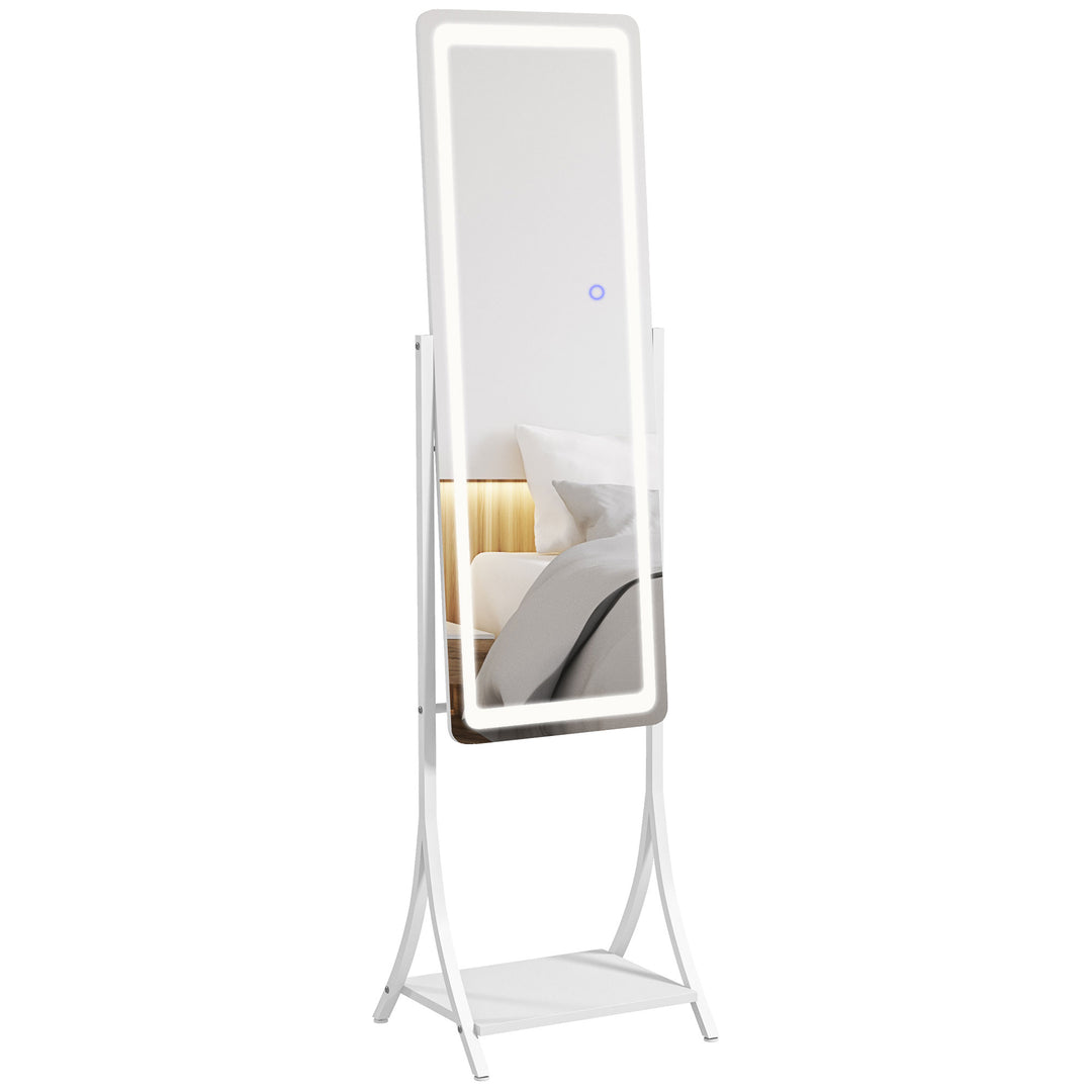 Free Standing Dressing Mirror with LED Lights, Full Length Mirror with 3 Temperature Colours and Storage Shelf