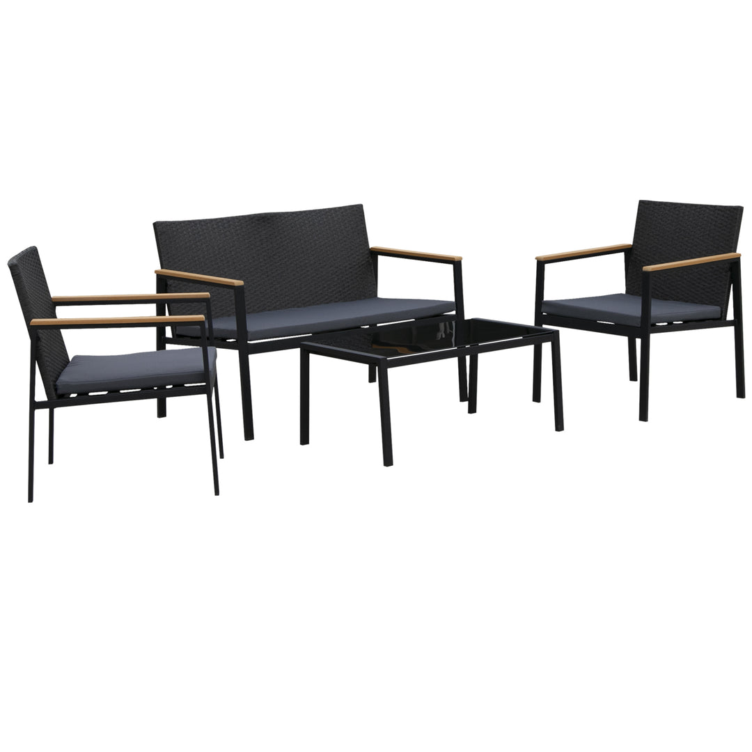 4PC Rattan Garden Furniture Set 2 Single Sofa Arm Chairs 1 Bench Loveseat with Cushions & Coffee Table Patio Backyard Wicker Weave