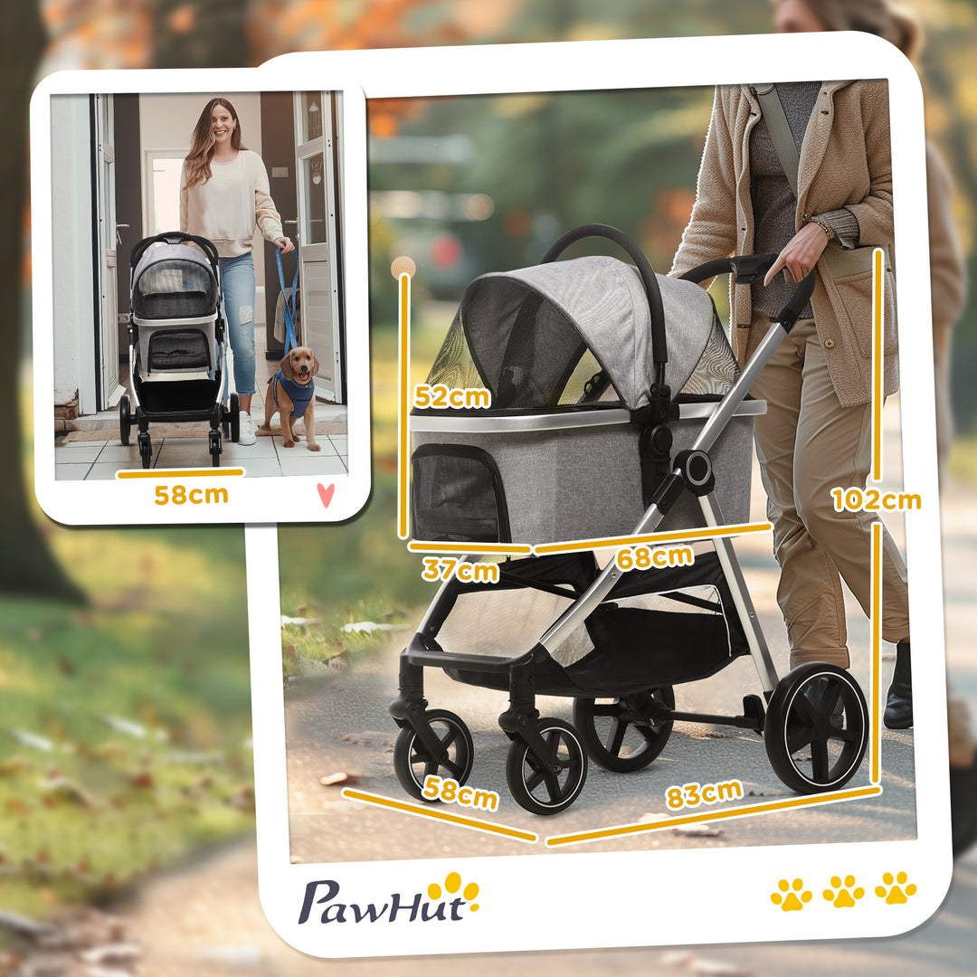 3-In-1 One Click Foldable Pet Stroller Detachable Dog Cat Travel Pushchair Car Seat with EVA Wheels Basket Safety Leash Cushion Light Grey