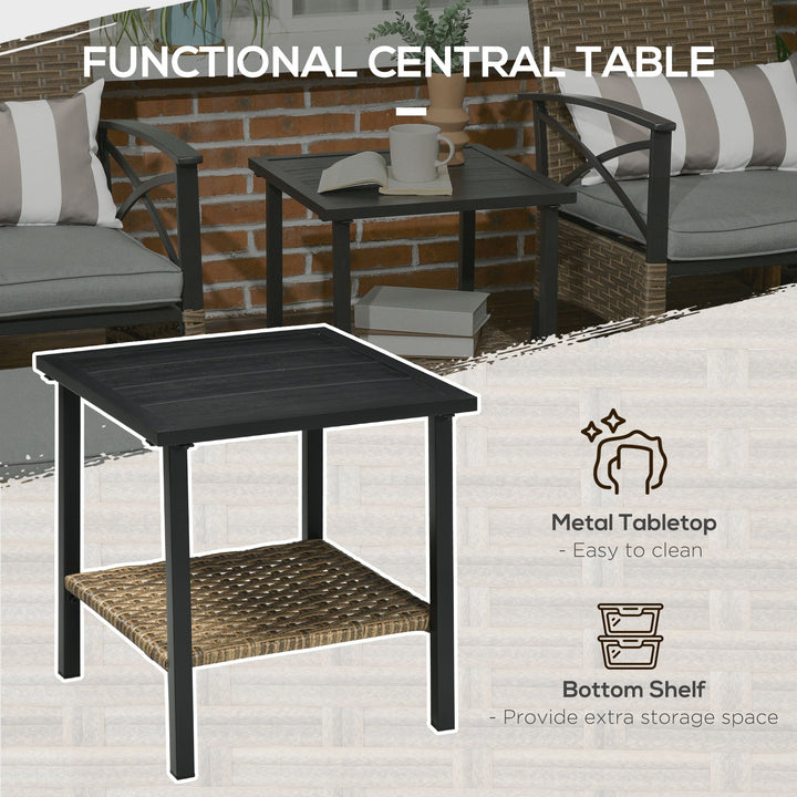 5 Piece PE Rattan Garden Furniture Set, 2 Armchairs, 2 Stools, Steel Tabletop with Wicker Shelf, Padded Outdoor Seating, Grey