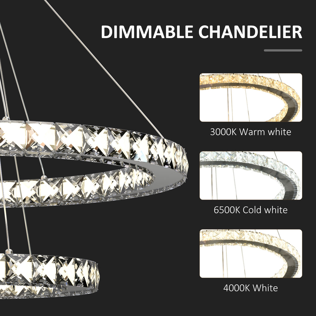 Modern LED Chandelier with 2 Crystal Rings, Dimmable Pendent Ceiling Light Cool Warm White with Adjustable Cable Remote Controller, Silver
