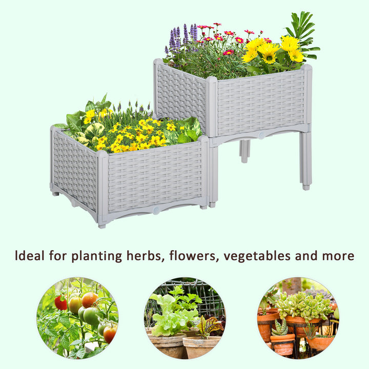 Outsunny 40cm x 40cm x 44cm Set of 2 Garden Raised Bed Elevated Patio Flower Plant Planter Box PP Vegetables Planting Container, Grey