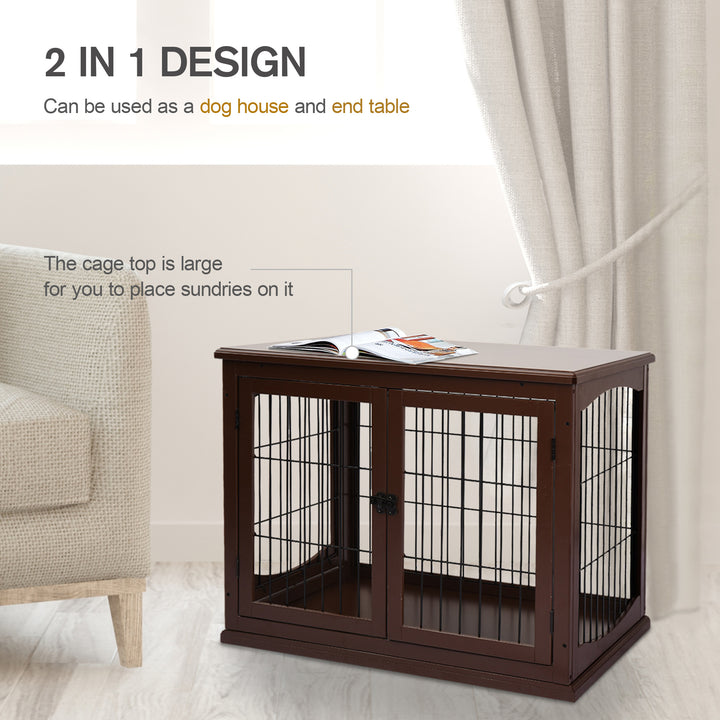 66cm Modern Indoor Pet Cage w/ Metal Wire 3 Doors Latches Base Small Animal House Tabletop Crate Decorative Stylish Brown