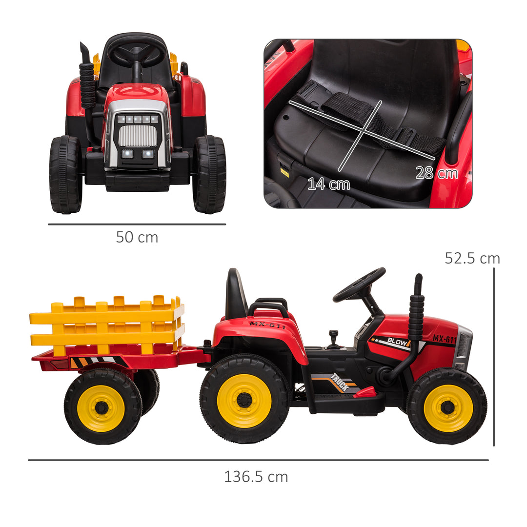 Electric Ride on Tractor with Detachable Trailer, 12V Kids Battery Powered Electric Car with Remote Control, Music Start up Sound and Horn, Lights, for Ages 3-6 Years - Red