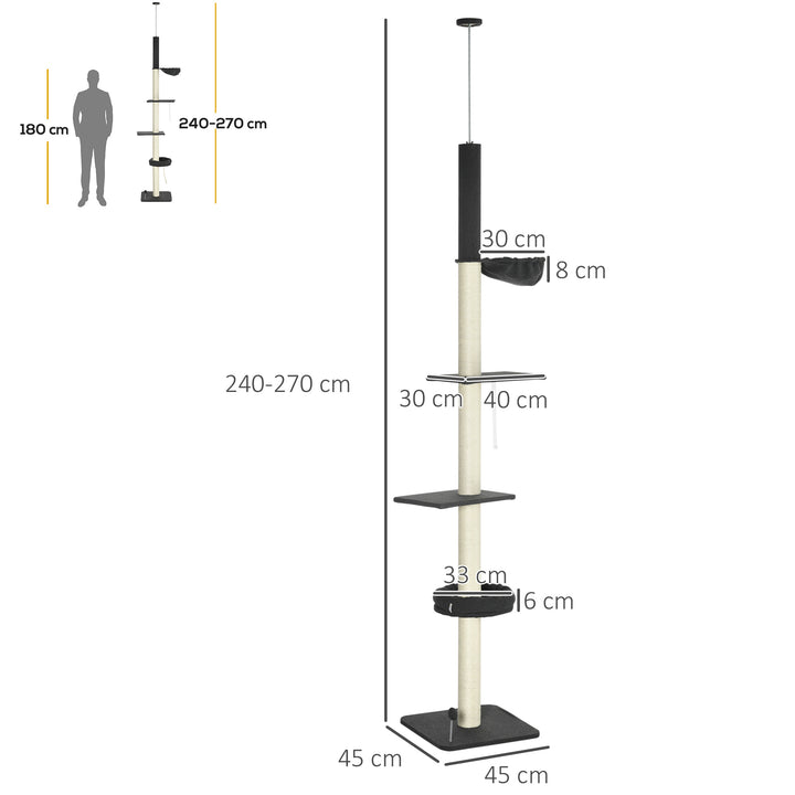 Floor To Ceiling Cat Tree, 5-Tier Height Adjustable Cat Climbing Tower with Scratching Post, Hammock, Bed for Indoor Cats, 240-270cm, Black