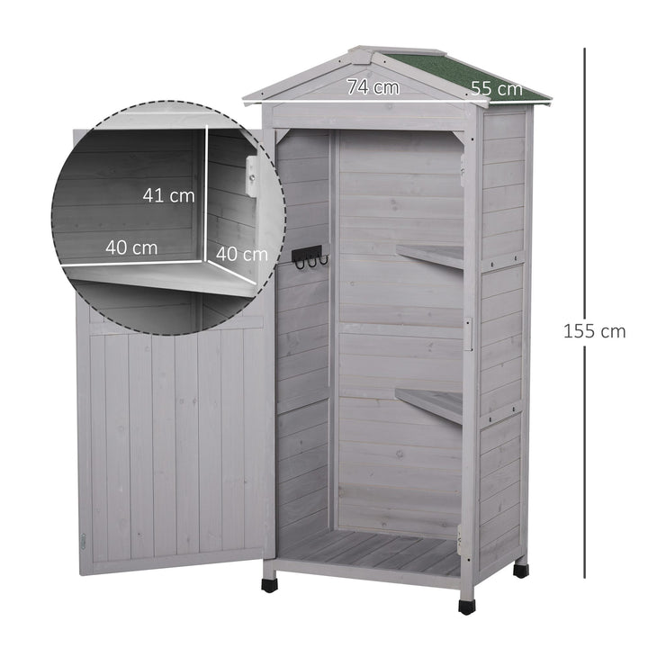 Wooden Garden Cabinet 3-Tier Storage Shed 2 Shelves Lockable Organizer with Hooks Foot Pad 74 x 55 x 155cm Light Grey