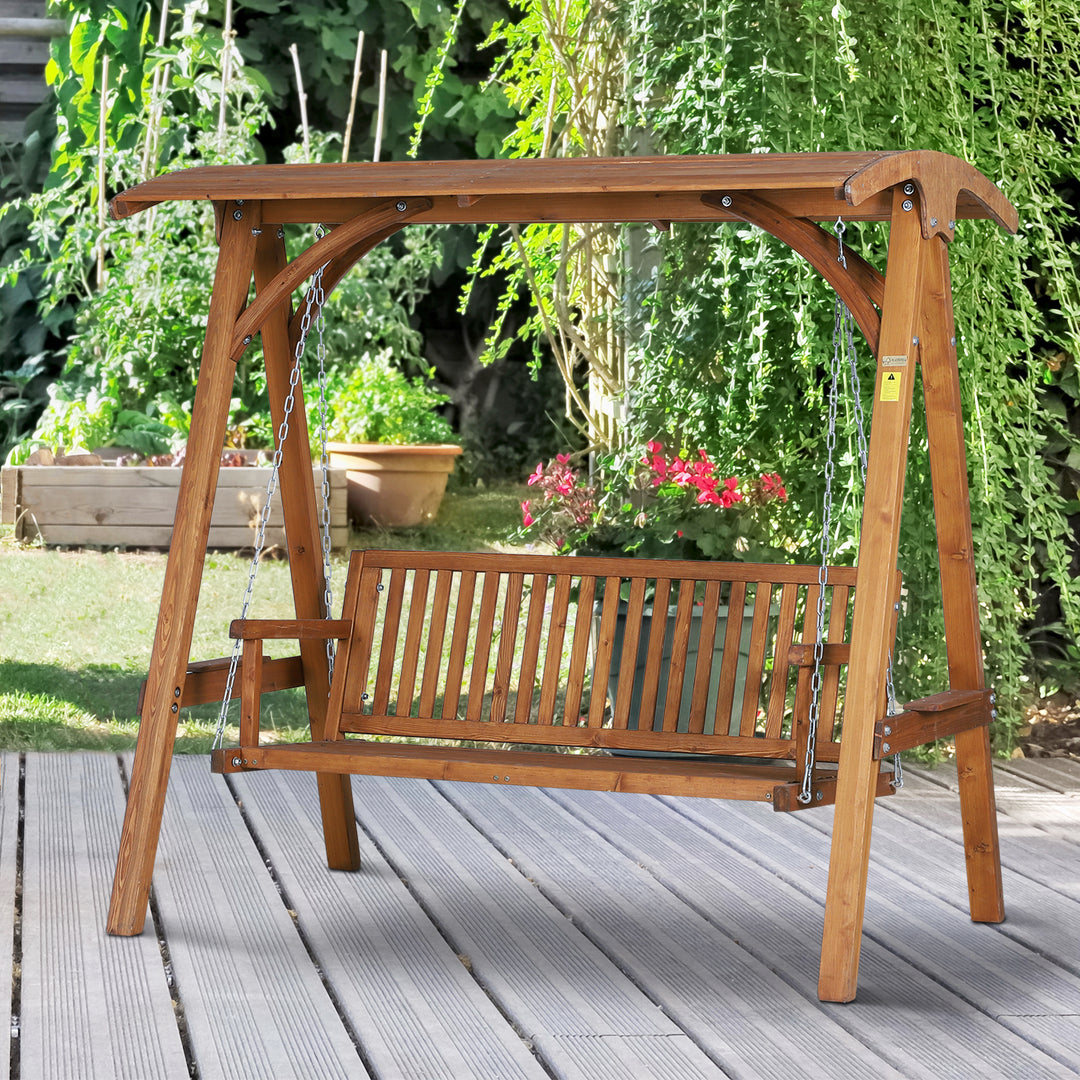 3-Seater Larch Wood Garden Swing Chair Bench Hammock Lounger with Wooden Canopy, Teak