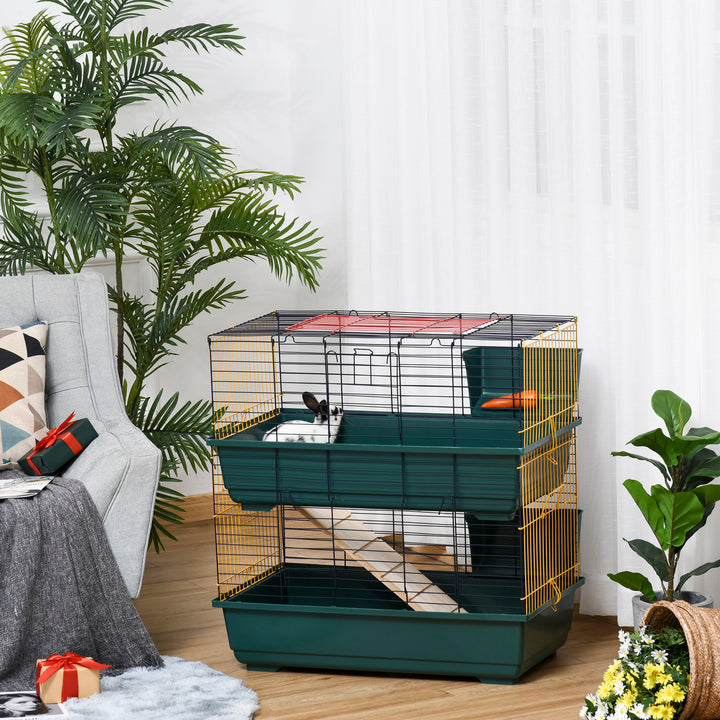 PawHut Small Animal Cage Habitat with Accessories 3 Openable Doors 2-Story Large Pet Play House for Chinchillas Puppy Guinea Pig 80 x 44 x 82 cm