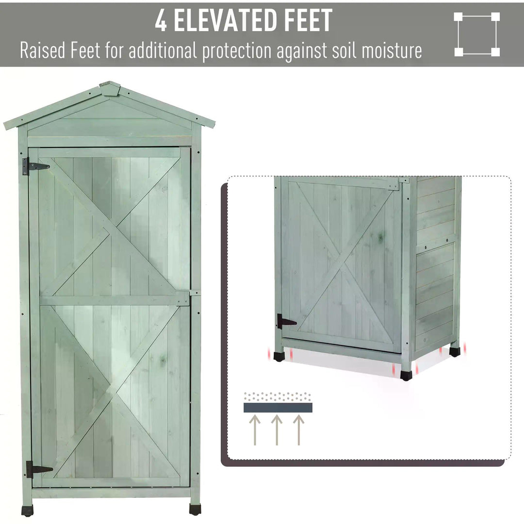 Wooden Garden Cabinet 3-Tier Storage Shed 2 Shelves Lockable Organizer with Hooks Foot Pad 74 x 55 x 155cm Green