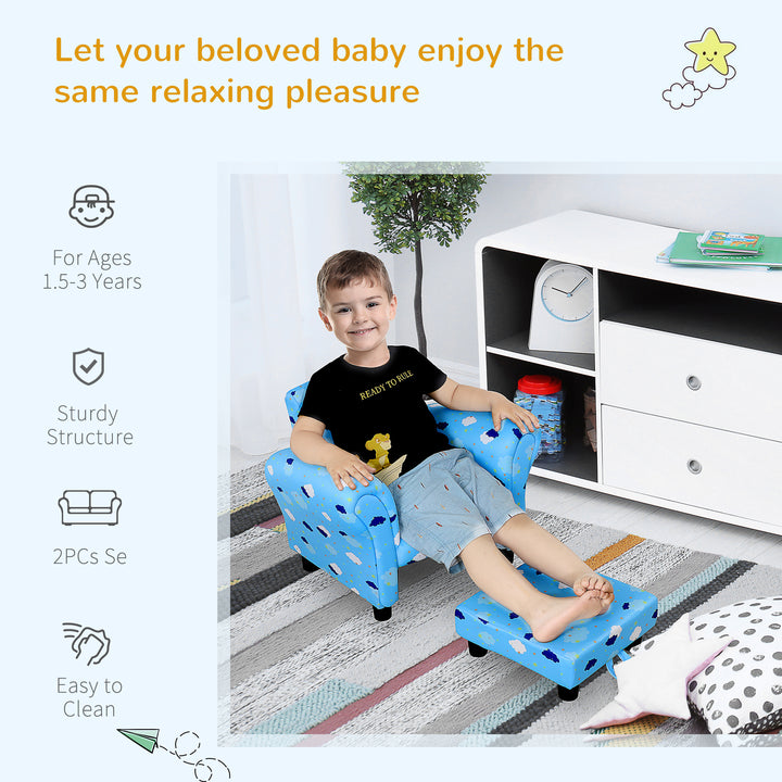 Childrens Sofa Mini Sofa Wood Frame w/ Footrest Anti-Slip Legs High Back Arms Bedroom Playroom Furniture Cute Cloud Star Blue