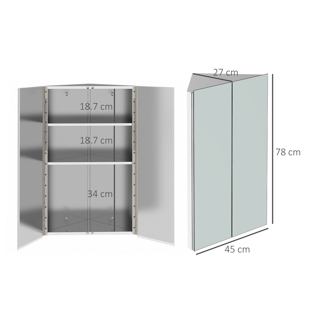 Corner Mirrored Bathroom Cabinet with 3 Shelves 2 Doors On-Wall Storage Unit Stainless Steel Frame