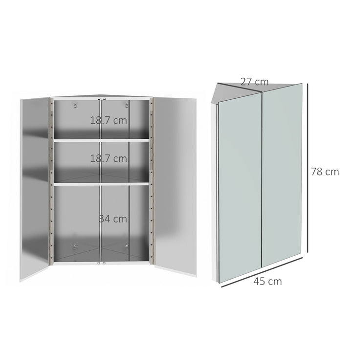 Corner Mirrored Bathroom Cabinet with 3 Shelves 2 Doors On-Wall Storage Unit Stainless Steel Frame