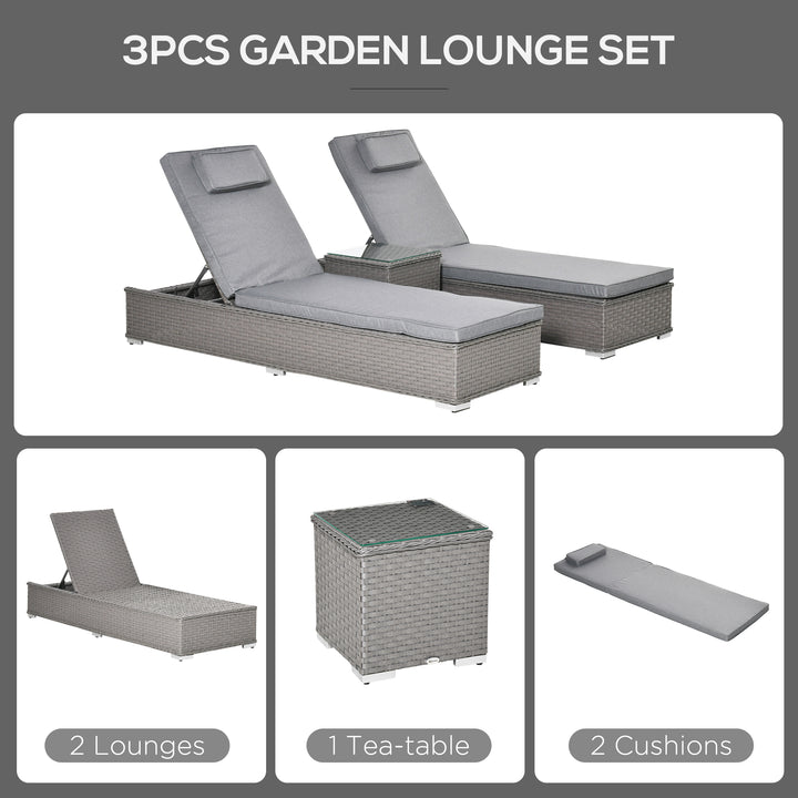 Outsunny 3 Piece Rattan Sun Lounger Set, Garden Furniture with Side Table, 5-Position Adjustable Recline Chair, Grey