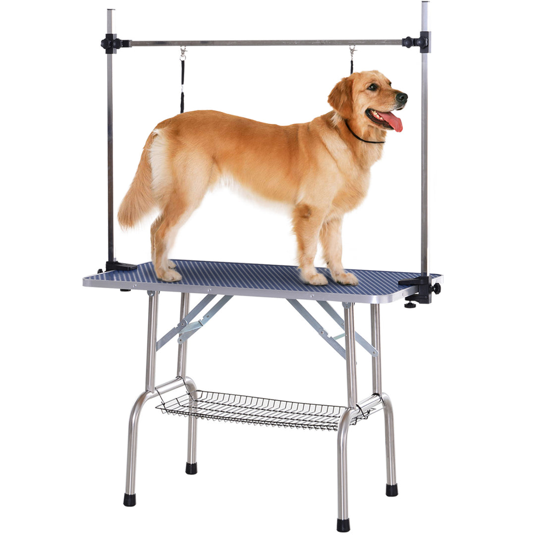 PawHut Adjustable Dog Grooming Table Rubber Top 2 Safety Slings Mesh Storage Basket Heavy Metal Blue 107 x 60 x 170cm