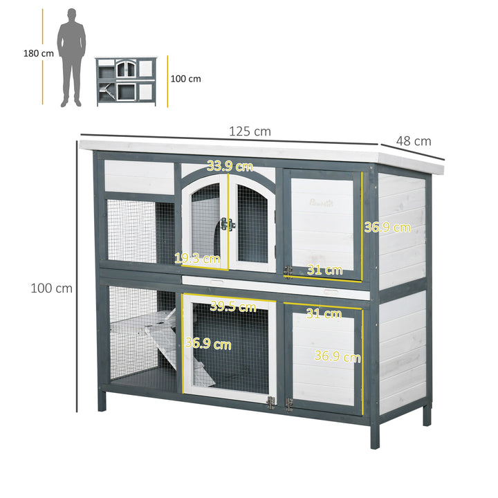 PawHut Two-Tier Wooden Rabbit Hutch Guinea Pig Cage w/ Openable Roof, Slide-Out Tray, Ramp - Grey