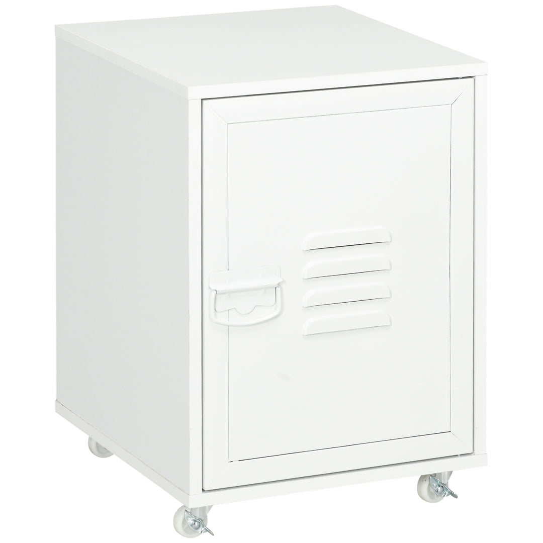 Industrial Style Printer Table, Rolling End Side Table with Wheels &amp; Metal Door - White