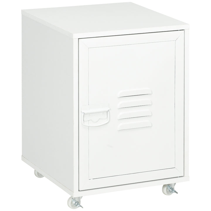 Industrial Style Printer Table, Rolling End Side Table with Wheels &amp; Metal Door - White
