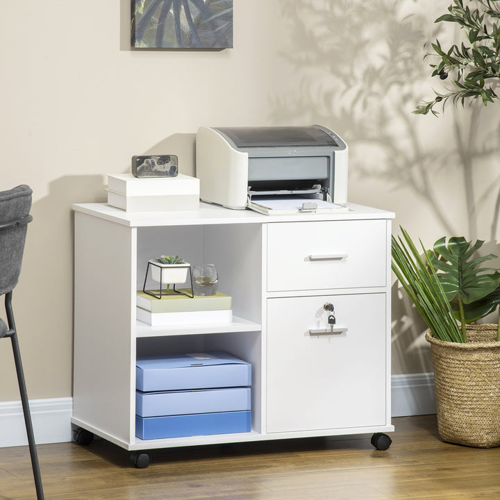 Vinsetto Filing Cabinet with Wheels, Mobile Printer Stand with Open Shelves and Drawers for A4 Size Documents, White