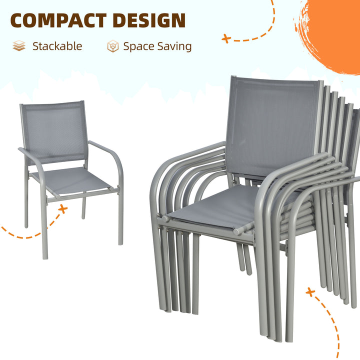 7 Piece Garden Dining Set, Outdoor Table and 6 Stackable Chairs, Steel Frame, Tempered Glass Top Table, Mesh Seats, Grey