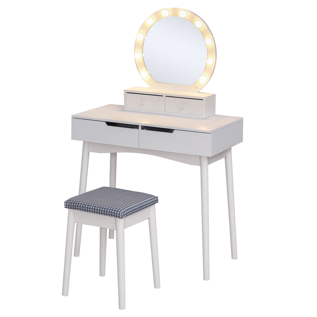 Dressing Table Set with LED with Table Stool Table Stool Set Makeup Dresser Desk with 4 Drawers for Bedroom White