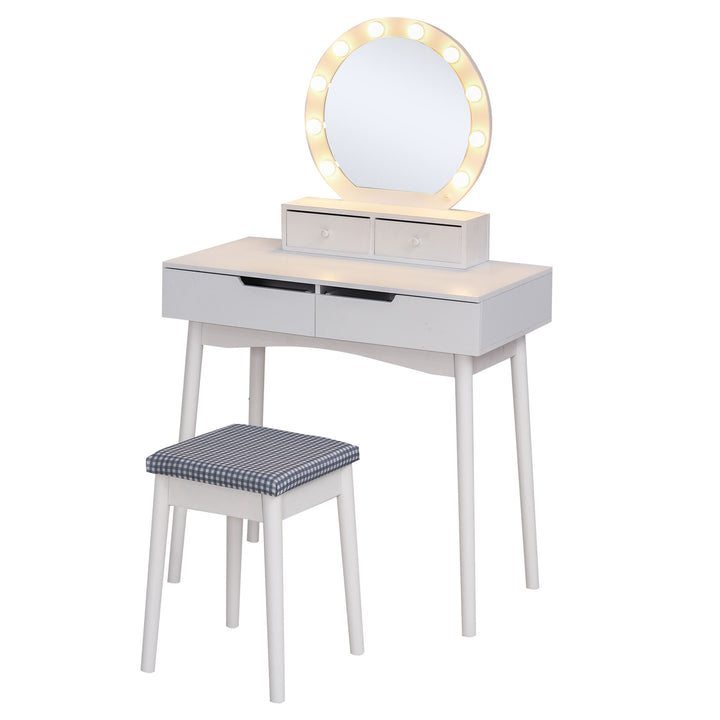 Dressing Table Set with LED with Table Stool Table Stool Set Makeup Dresser Desk with 4 Drawers for Bedroom White