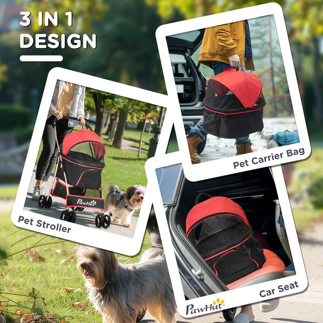 PawHut Pet Stroller Detachable 3-In-1 Dog Pushchair Cat Travel Carriage Foldable Bag w/ Universal Wheel, Brake Canopy for XS & S Sized Pets, Red