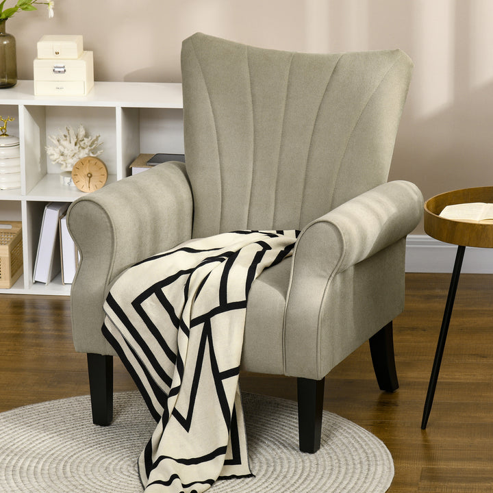 Upholstered Accent Chair with High Back, Rolled Arms and Wood Legs, Soft Thick Padded Armchair, Beige