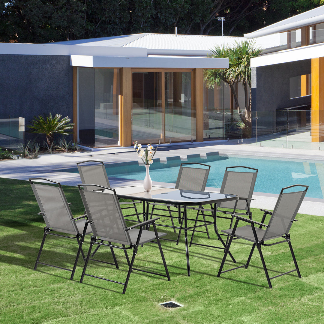 7 Piece Garden Furniture Set with Glass Dining Table and Folding Chairs, 6 Seater Outdoor Patio Furniture for Deck and Balcony, Black