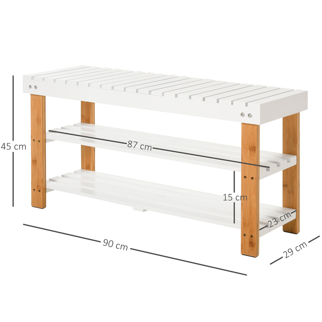 Shoe Bench, 3-Tier Wooden Shoe Rack with Hidden Storage Compartment, Slatted Shelves, Home Storage Unit, Natural, 90L x 29W x45H cm