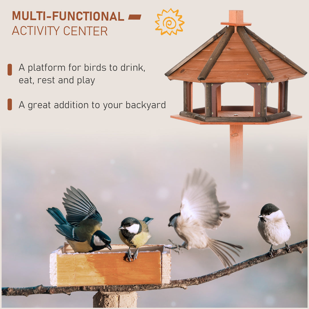 PawHut Wooden Bird Feeder Bird Table Bird House Playstand with Water-resistant Roof 130cm for Outside Use Brown