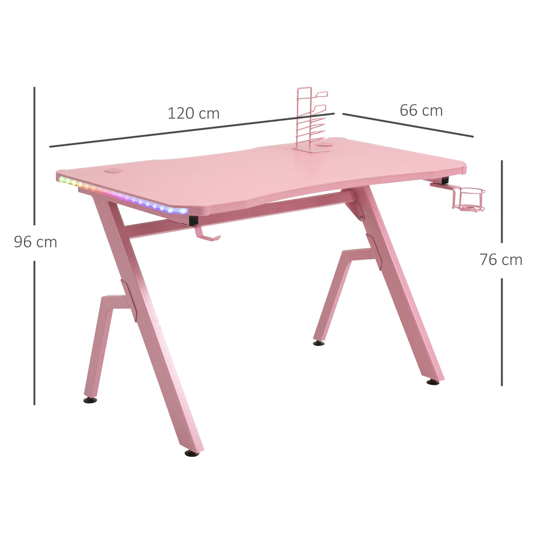 Gaming Desk Racing Style Home Office Ergonomic Computer Table Workstation with RGB LED Lights, Controller Rack & Cable Management, Pink