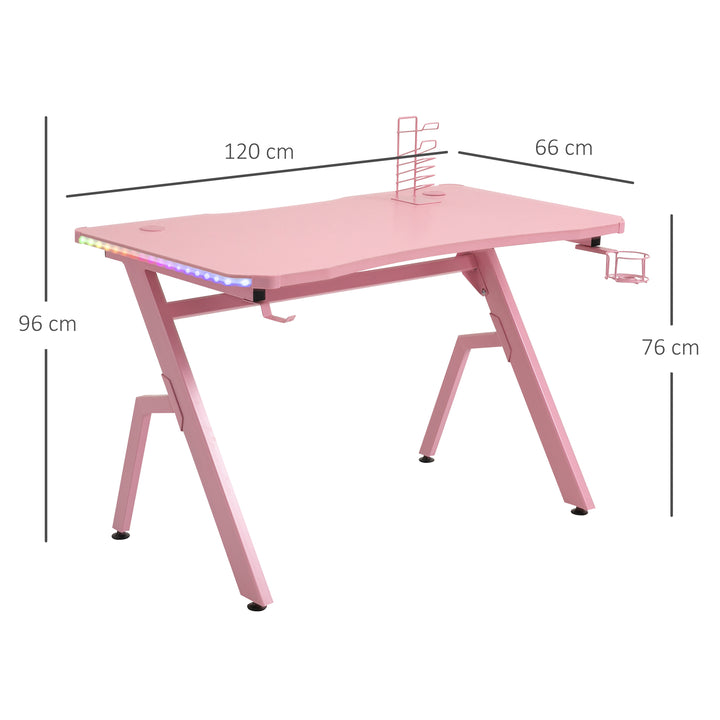 Gaming Desk Racing Style Home Office Ergonomic Computer Table Workstation with RGB LED Lights, Controller Rack & Cable Management, Pink