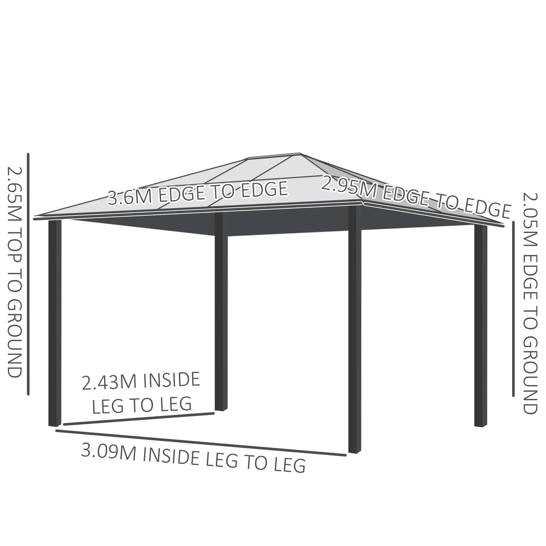 Outsunny 3.6 x 3(m) Hardtop Gazebo Canopy with Polycarbonate Roof and Aluminium Frame, Garden Pavilion with Mosquito Netting and Curtains, Brown