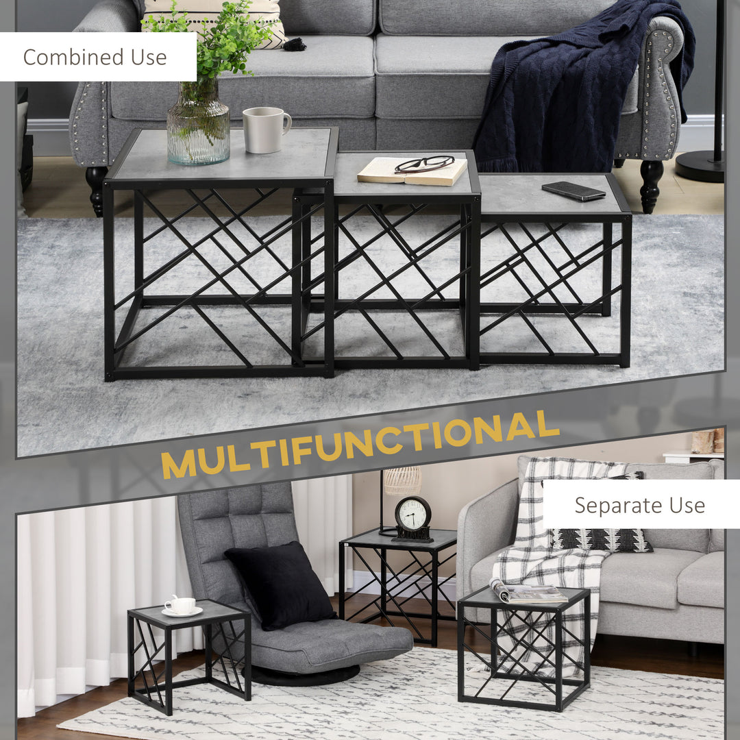 Set of 3 Nest of Tables, Square Side Tables with Black Metal Frame, for Living Room, Bedroom and Office, Grey