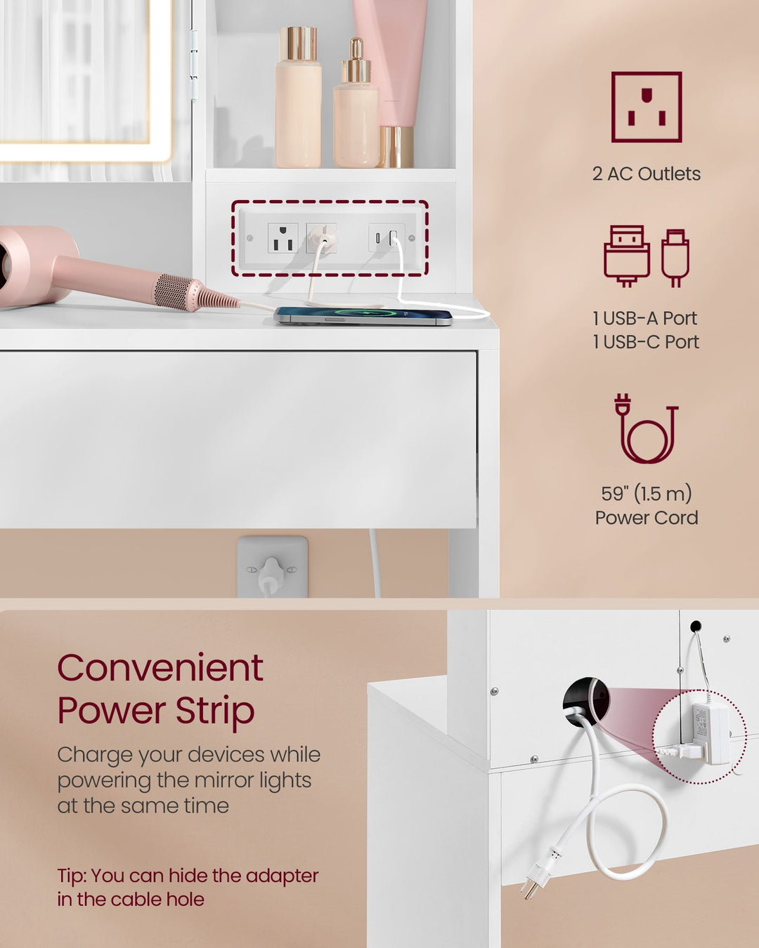 Vanity Desk with Power Outlets - Cloud White