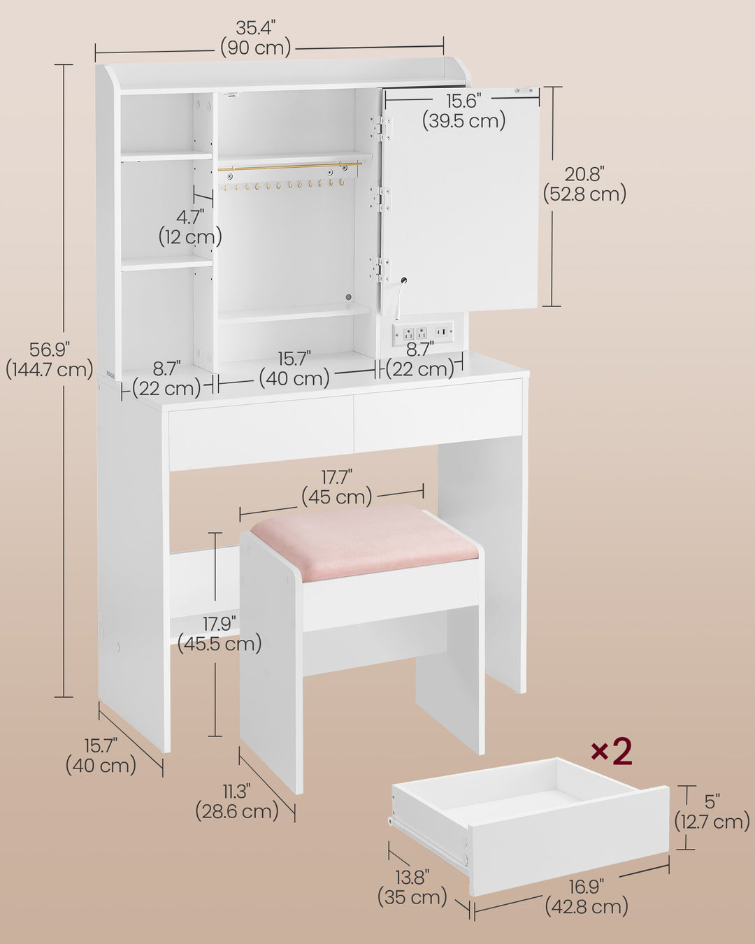 Vanity Desk with Power Outlets - Cloud White