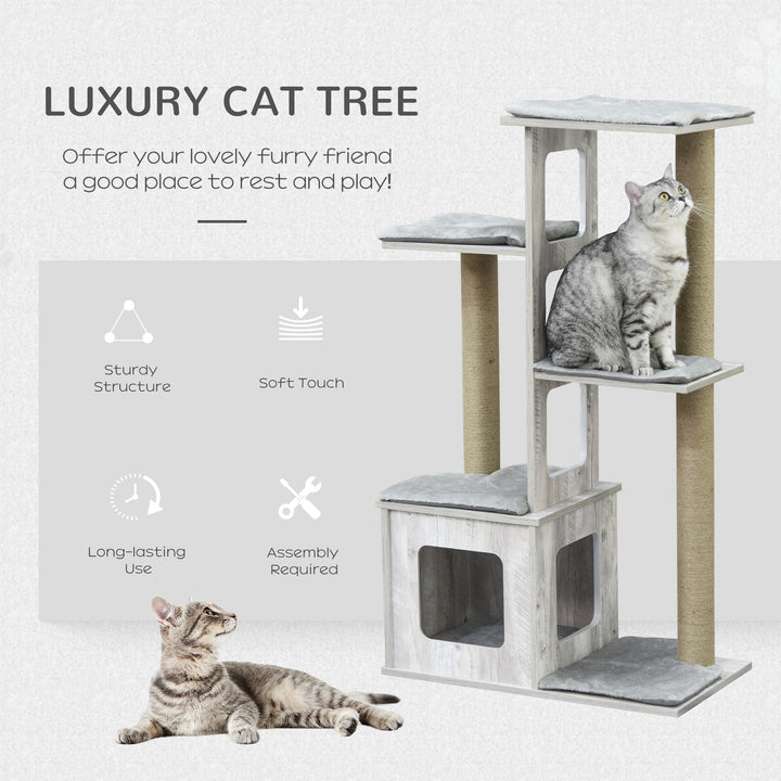 Cat Tree for Indoor Large Cats w/ Scratching Post, Cat Tower House- Grey