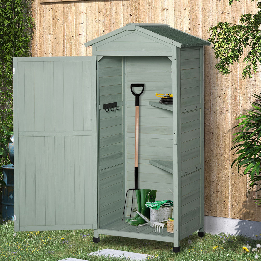 Wooden Garden Cabinet 3-Tier Storage Shed 2 Shelves Lockable Organizer with Hooks Foot Pad 74 x 55 x 155cm Green