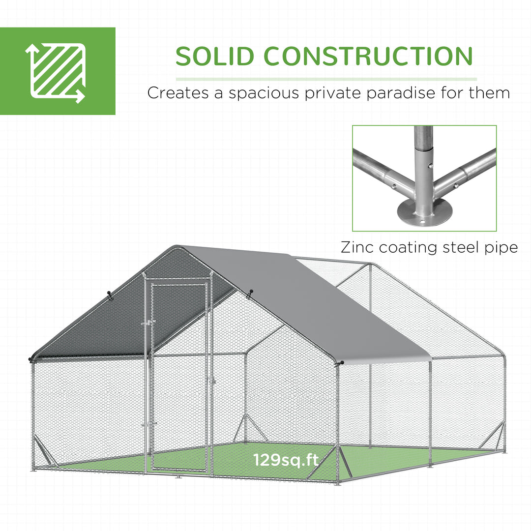 PawHut Walk In Chicken Run Galvanized Chicken Coop Hen Poultry House Rabbit Hutch Pet Playpen Backyard W/ Water-Resist Cover, 3 x 4 x 2m